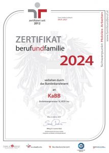 Zertifiikat  KaBB GmbH und M.A.N.D.U. wird als familienfreundliches Unternehmen von der BM Gabriele Raab ausgezeichnet. | Potenzialfinder.com und Dr. Sabine Wölbl gratulieren sehr herzlich!